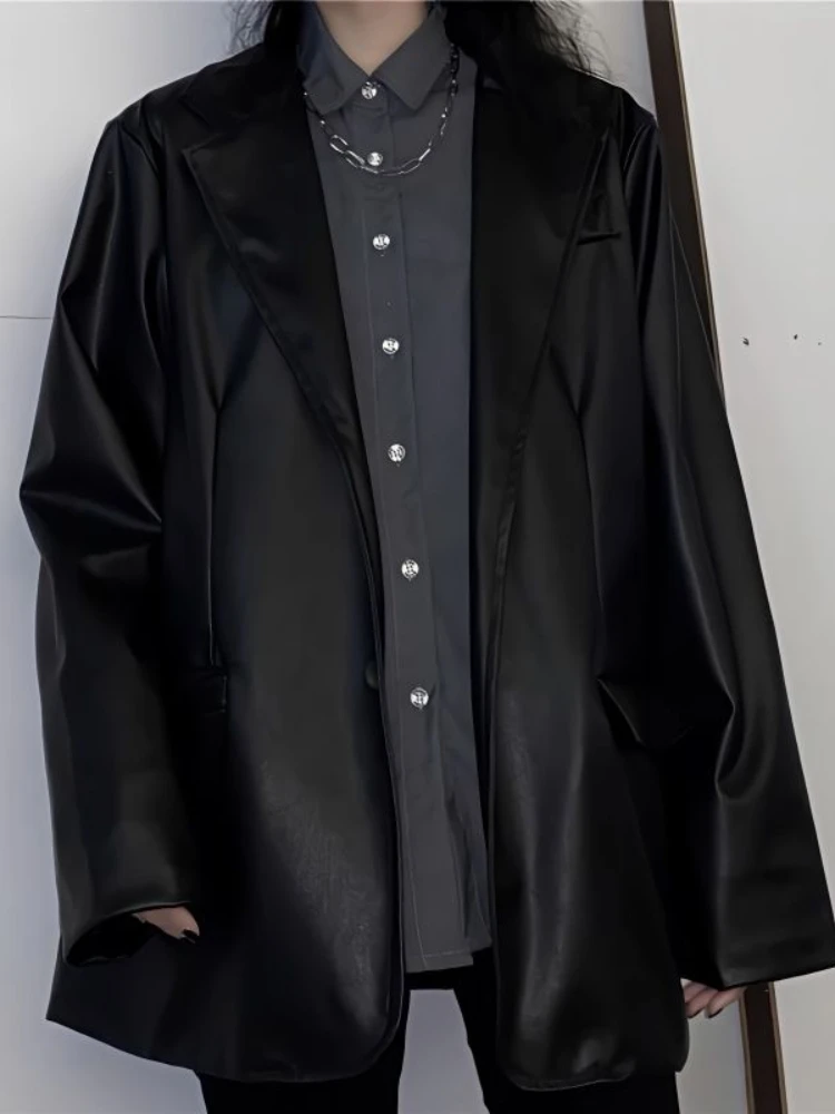 Leather coat Women's Spring and Autumn Korean version ins Vintage black top Suit Loose casual jacket Overlay