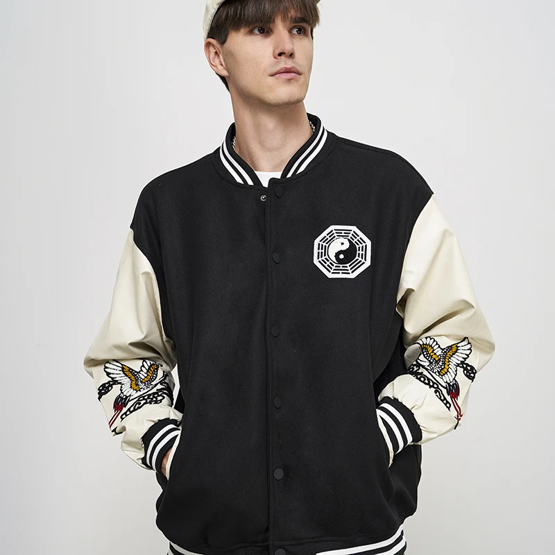 

RENYADAO Spring&Autumn Black China Elements Varsity Letterman Bomber Jacket Man Loose Hip Hop Gossip Embroidery Baseball Coat