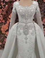 luxurious long sleeves mermaid wedding dress 2022 overskirt lace appliques crystals bridal gown arabic dubai robe de mariage
