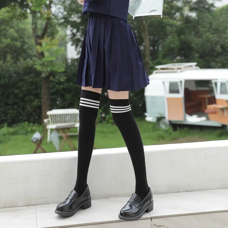 Three-Bar Cotton Double Needle Knee Socks Autumn and Winter Long Baseball Thigh High Socks Cotton Japanese Students' Socks Women