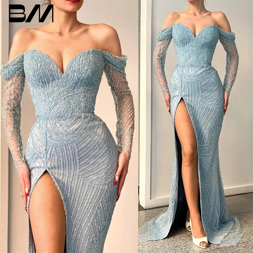 

Long Sleeves Prom Gowns Custom Made High Split Beads Sequins Women Party Dresses Sky Blue Off the Shoulder Evening Dresses