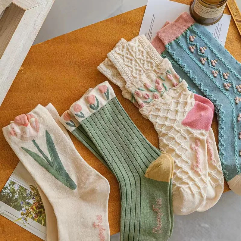 

Forest Series Tulip Flowers Mid Tube Pile Kawaii Socks-2 Pairs Set