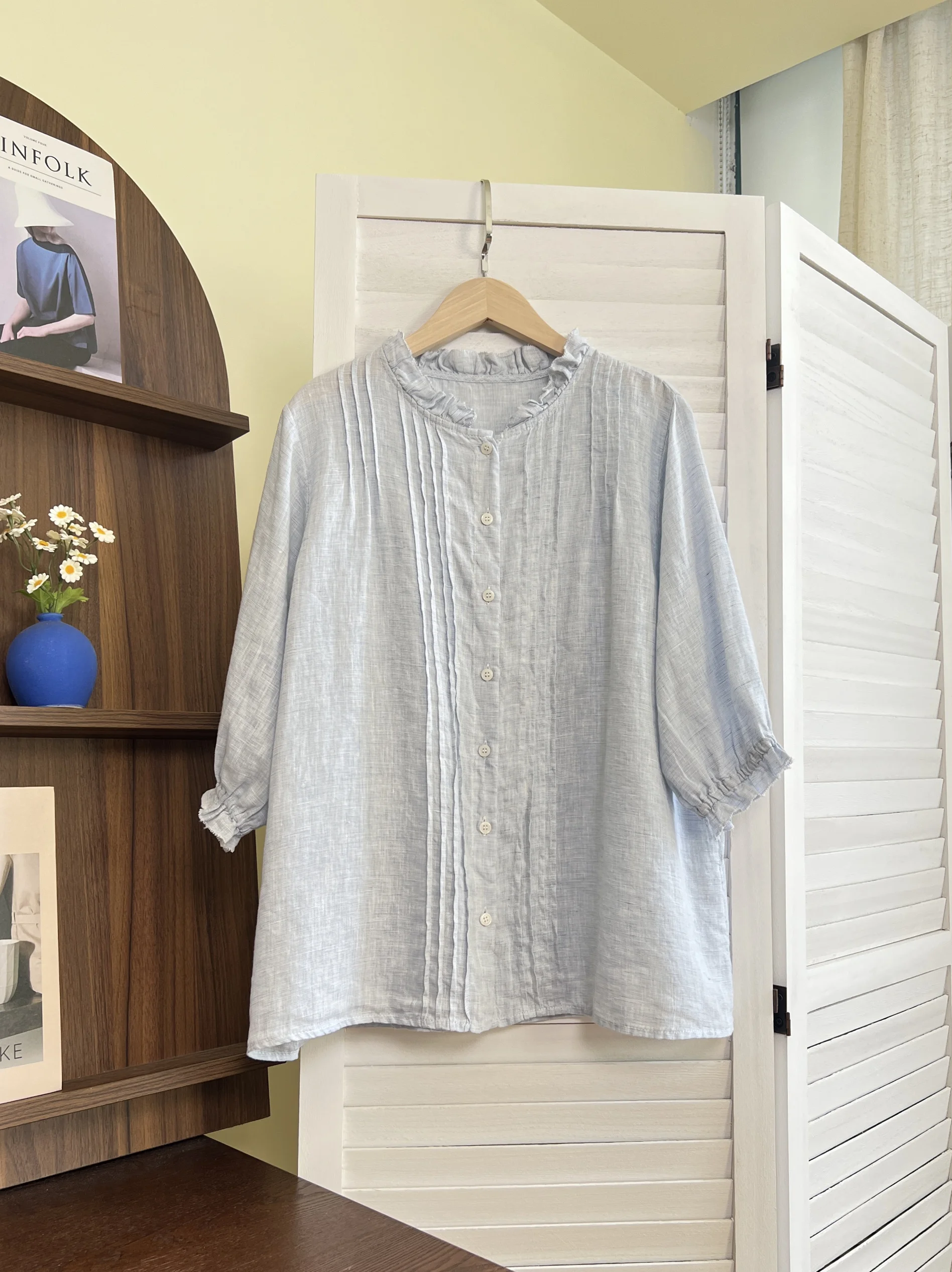 Japan fashion Pure Linen/Sweet Lace round Neck French sle Gentle Sle Half Sleeve Mid-Length Loose Shirts Top