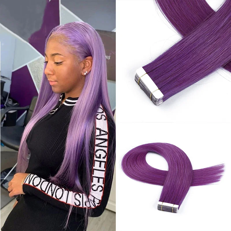 

Лента фиолетового цвета для наращивания человеческих волос, уток кожи, наращивание волос, клейкая невидимая шелковистая прямая Высококачественная