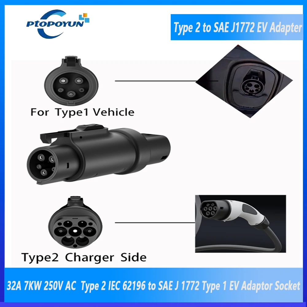 

Ptopoyun EV Adaptor Charger Connector EVSE IEC 62196 Type2 to J1772 Type1 Electric Vehicle Cars Adapter For Car Charging Socket