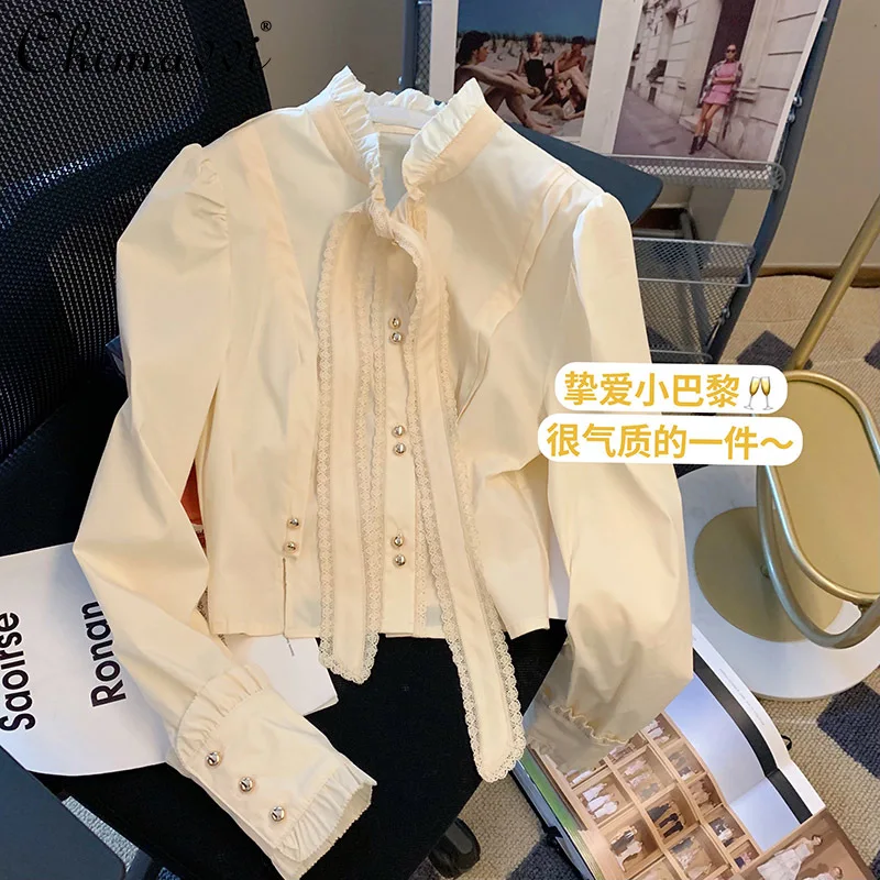 

2022 Spring Clothes New French Fashion Bow Doll Collar Shirt Women's Retro Pastoral Style All-Matching Elegant Long Sleeve Top