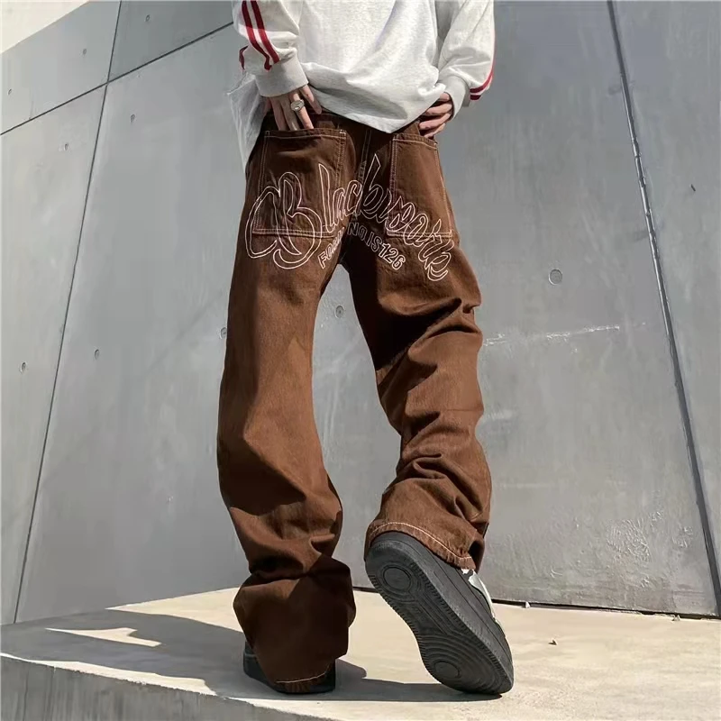 Harajuku Patchwork Stars Embroidery Ripped Mens Loose Denim Trousers Straight Retro Washed Oversized Streetwear Baggy Jeans Pant