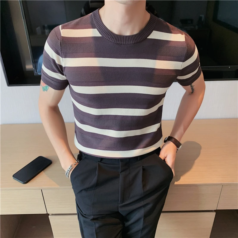 

Thin Color Contrast Striped Short-sleeved Sweater Crewneck Knitted Tee Tops New Men's Summer Slimming Casual T-shirts Streetwear
