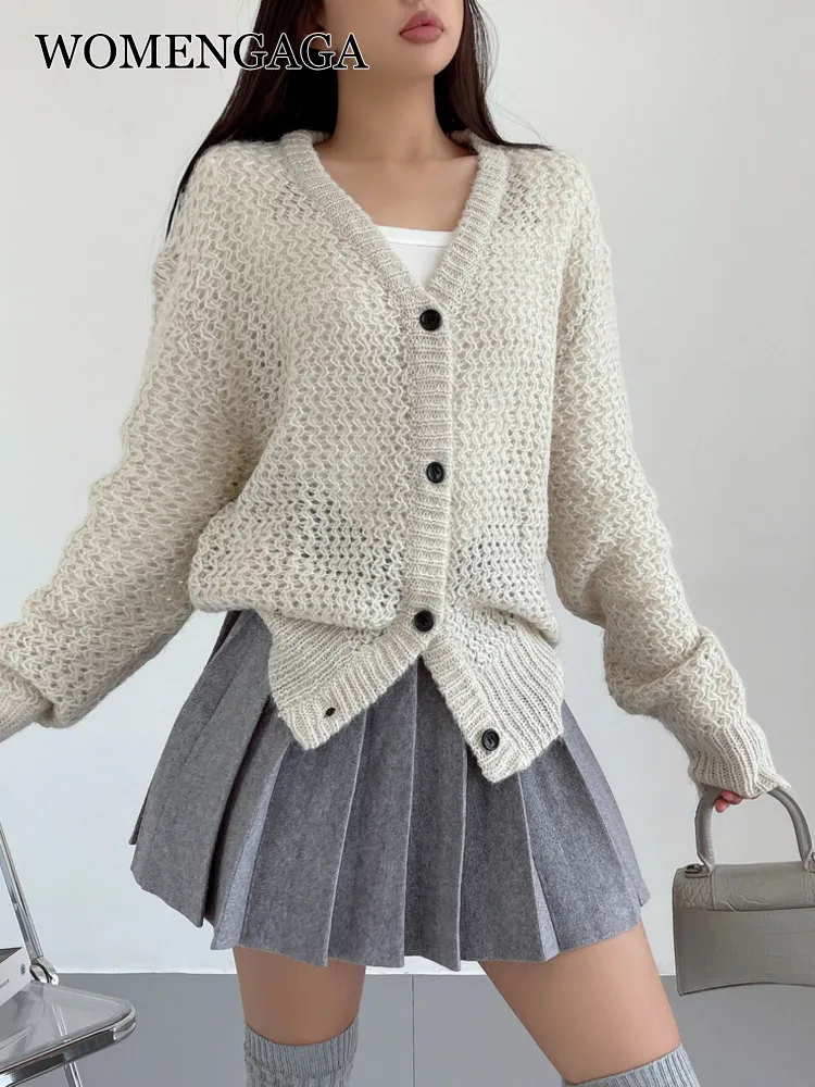 

Женский вязаный кардиган из мохеровой шерсти, Бежевый свободный свитер с вырезами, сезон осень-зима, 8JLD, 2022