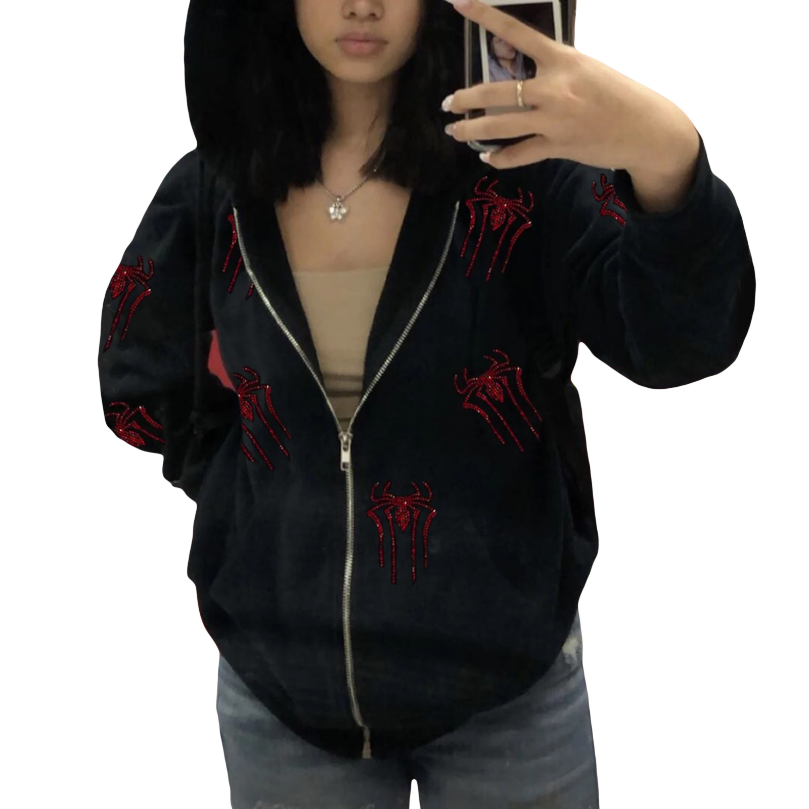 

Combhasaki Y2K Grunge Female Coat Rhinestones Skull/ Spider/Butterfly Print Long Sleeve Hooded Jacket with Zipper Spring Autumn