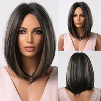 synthetic wigs brown blonde ombre short bob natural hair wigs daily for black women middle part heat resistant fiber wigs
