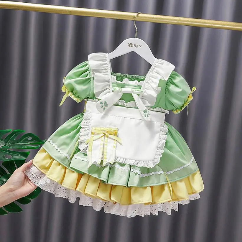 

Spanish Vintage Lolita Princess Ball Gown Lace Stitching Short Sleeve Design Birthday Party Dresses For Girls Easter Eid A1541