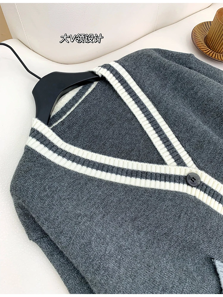 Женский серый кардиган в стиле Харадзюку свитер с длинным рукавом и V-образным