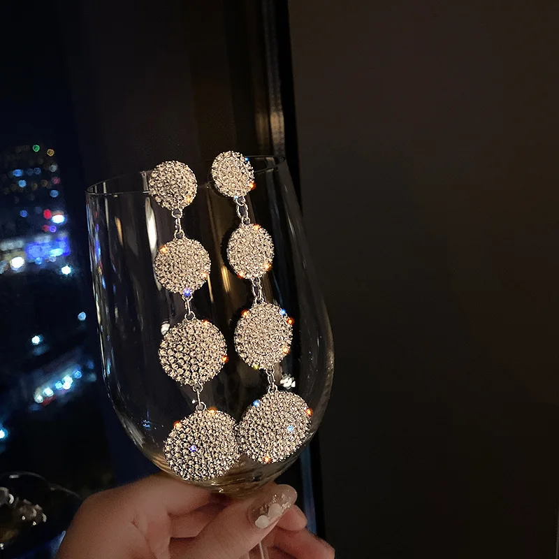 

S925Cztery Okrągłe Pełny Kryształ Górski Spadek Kolczyki Dla Kobiet Big Party Długi Tassel Kryształowe Kolczyki Wesela Biżuteria