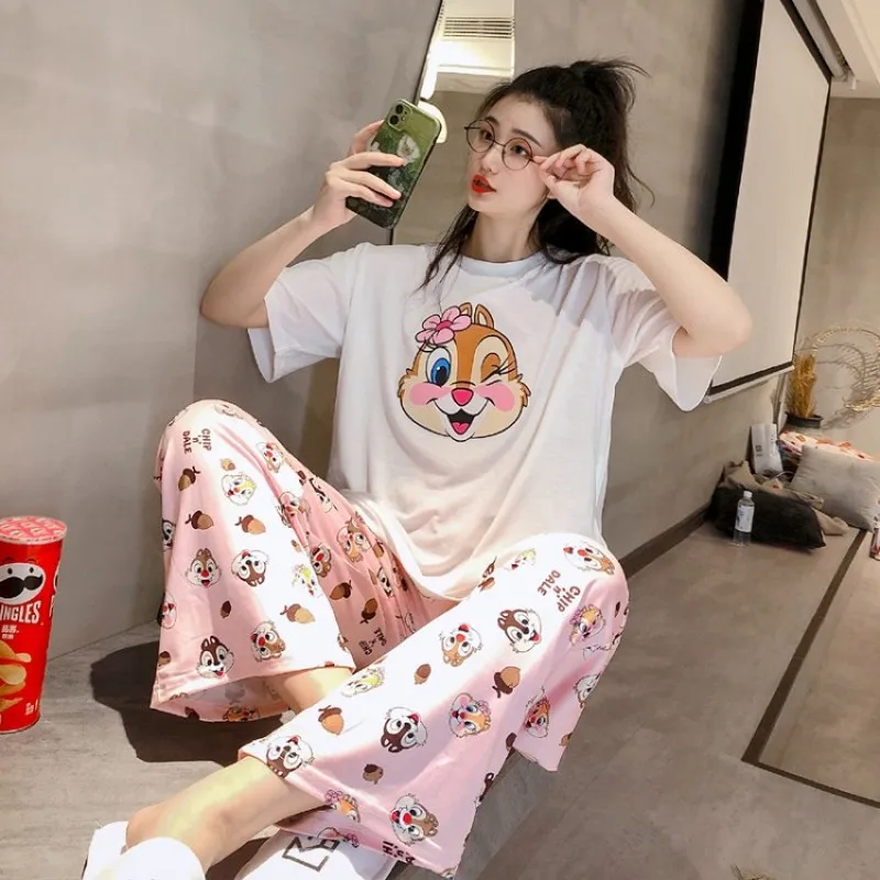 

Disney Ladies Pajamas Suit White Casual Women Cartoon Squirrel Print O Neck Top Long Pants Pajamas Home Sleepwear Set Homewear