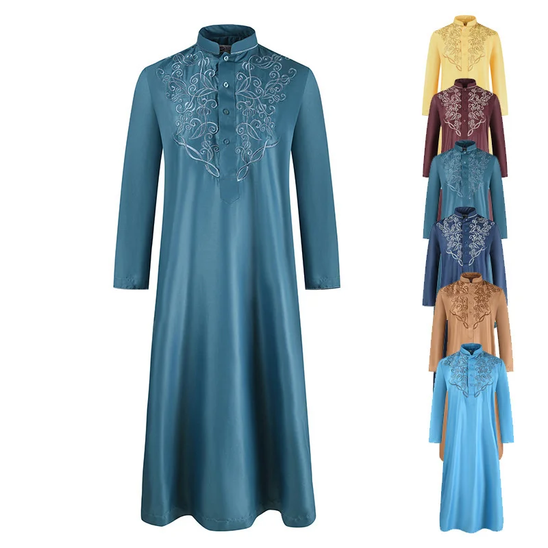 Abaya For Men Arabic Islamic Pakistan Men Robe Loose Spring And Summer New Solid Color Embroidery Muslim Long Sleeve Robe