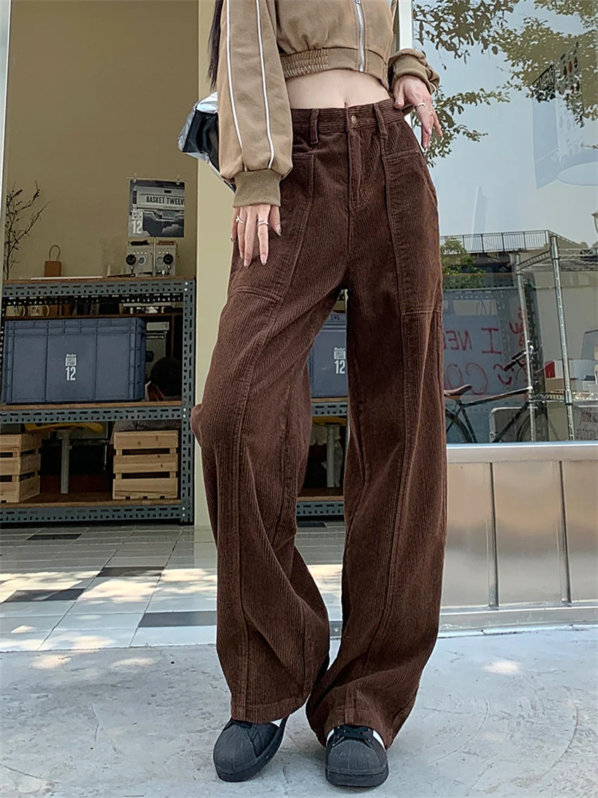

HziriP 2022 OL Vintage Slim Pants Women Corduroy Chic High Waist Loose Autumn Fashion Office Lady Straight Mujer Wide Leg New