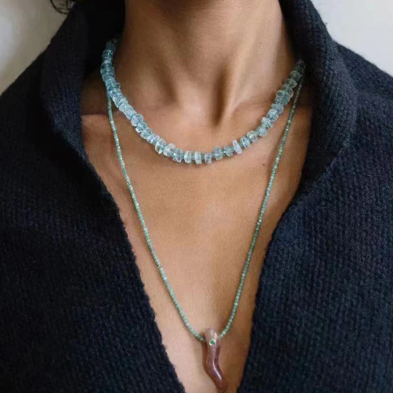 

Простое и классическое ожерелье из аквамаринового бисера для мужчин и женщин, модные универсальные аксессуары из нержавеющей стали с пряжк...