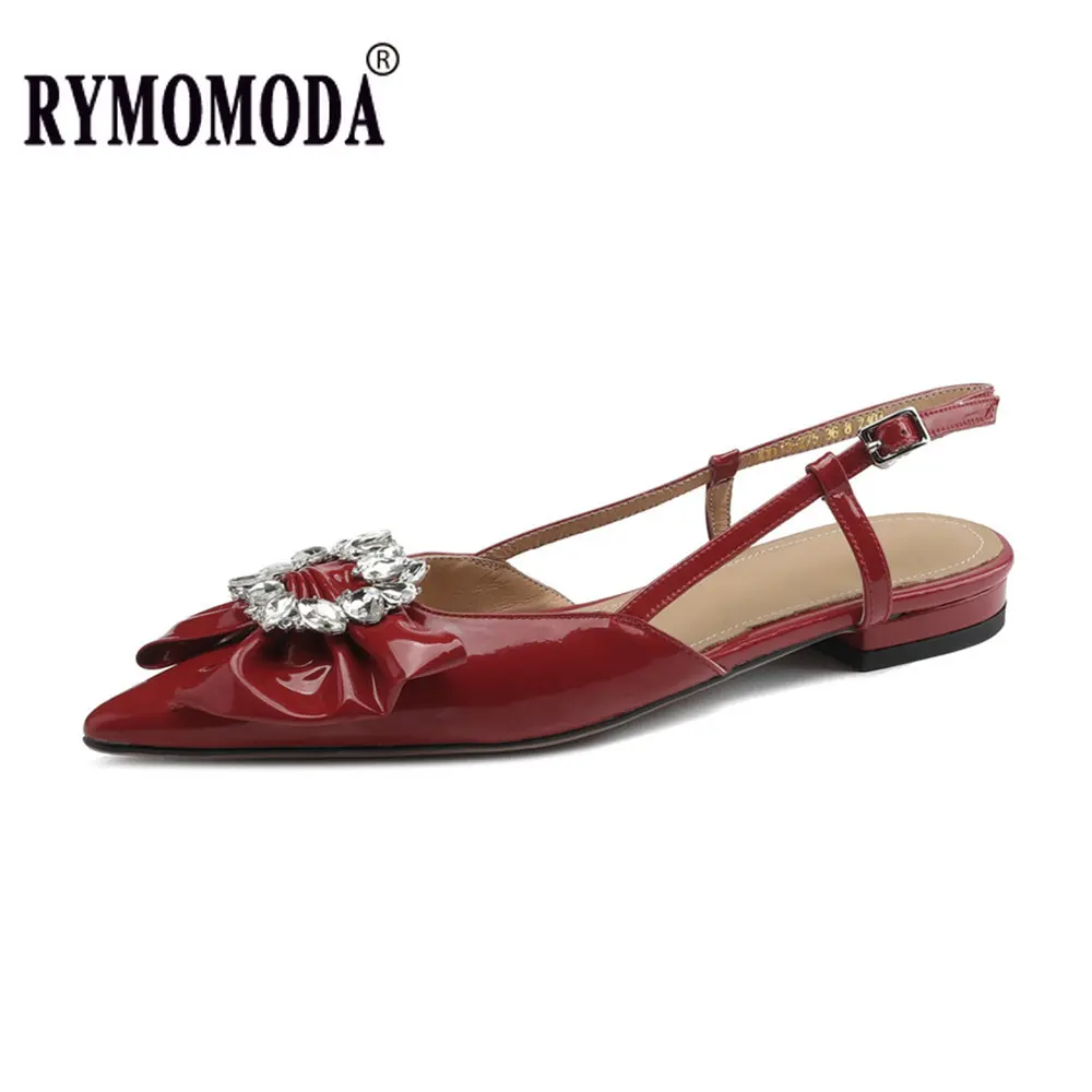

Women Leather Sandals Pointed Toe Slingback Cowhide Upper Pigskin Lining Sheepskin Insole Low Heel Handmade Rhinestone Shoes
