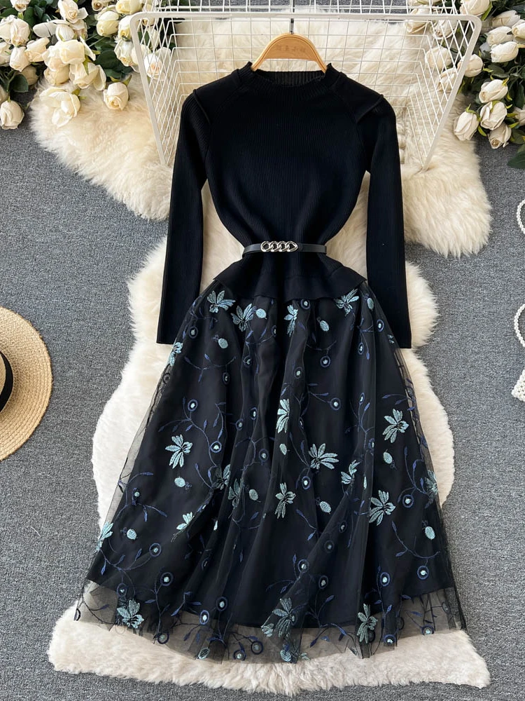 

Aibeautyer New Casual Spring Autumn Floral Print Slim Full Lady Dress A Line O Neck Chiffon Pullover Mid-Calf Women Dresses