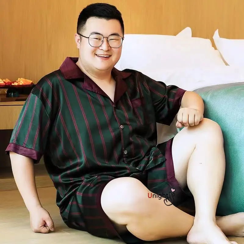 Silk Men Summer Pajama with Shorts  Leisure Tops Pyjama Sets Plus Size Pyjamas Short Sleeve Oversize Plaid Pants Satin Trousers