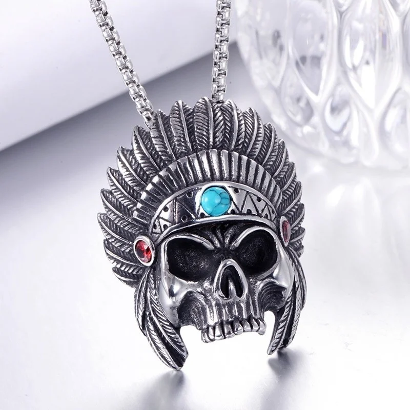 

New Retro Skull Head African Chief Pendant Necklace Men's Necklace Vintage Sliding Metal Silver Plated Skeleton Necklace Pendant