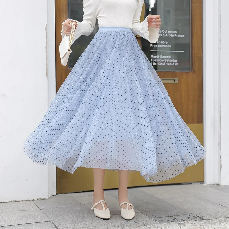 Autumn Winter Pink Polka Dot Tulle Skirt Women Elastic High Waist Pleated Skirts Female All-Match Party Long Maxi Skirt