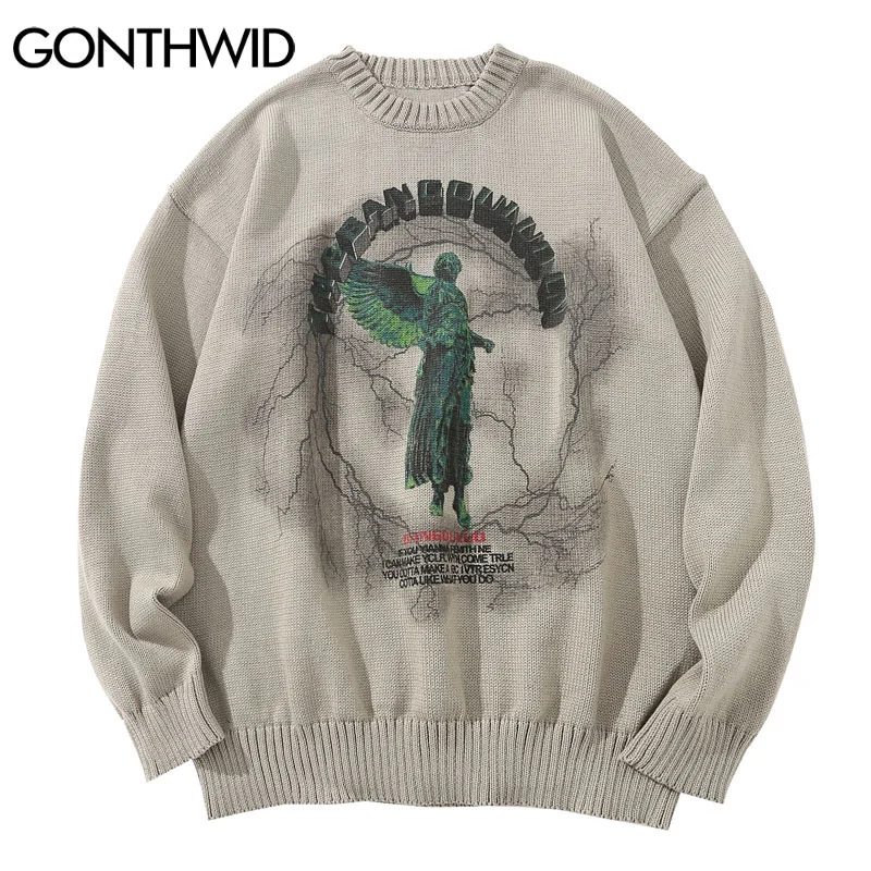 

GONTHWID Knitted Sweaters Hip Hop Lightning 3D Angel Statue Print Pullover Sweater Streetwear Hip Hop Fashion Casual Loose Tops