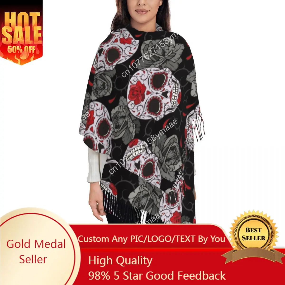 

Sugar Skull Halloween Scarf for Womens Fall Winter Pashmina Shawl Wrap Day of the Dead Long Scarves with Tassel for Daily Wear