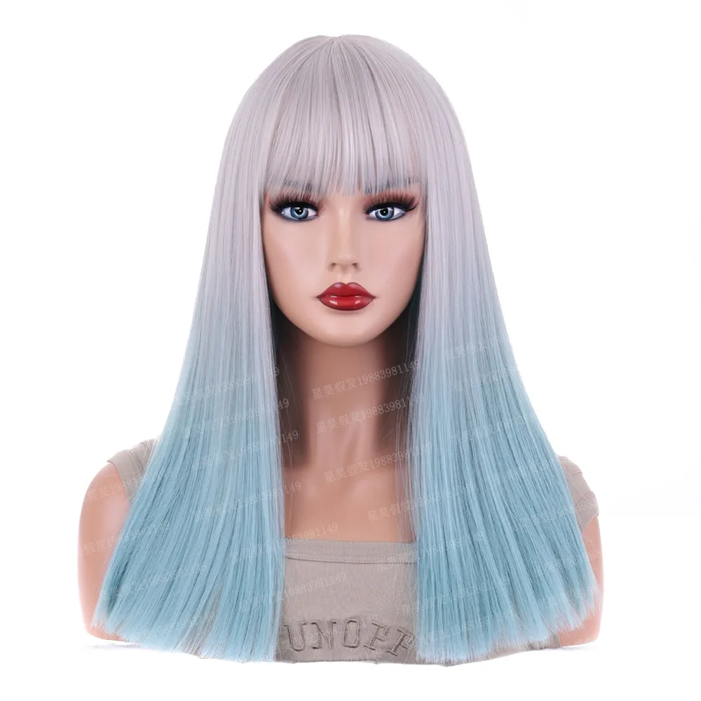

Halloween Women's Long Straight Synthetic Hair Lolita Style Gray Blue Wig Cosplay Wig with Bangs Accessores Anime