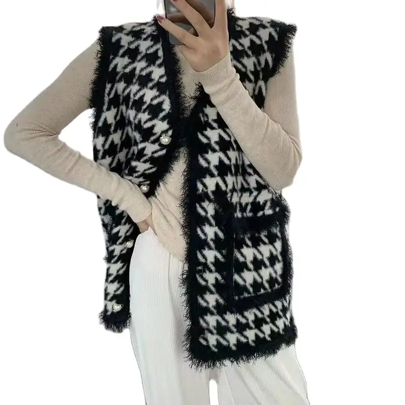 

Houndstooth Vests Women's Mid-Length 2022 Spring Autumn New Tassel Design Loose Casual Vest Jacket Knitted Waistcoat Female Tops