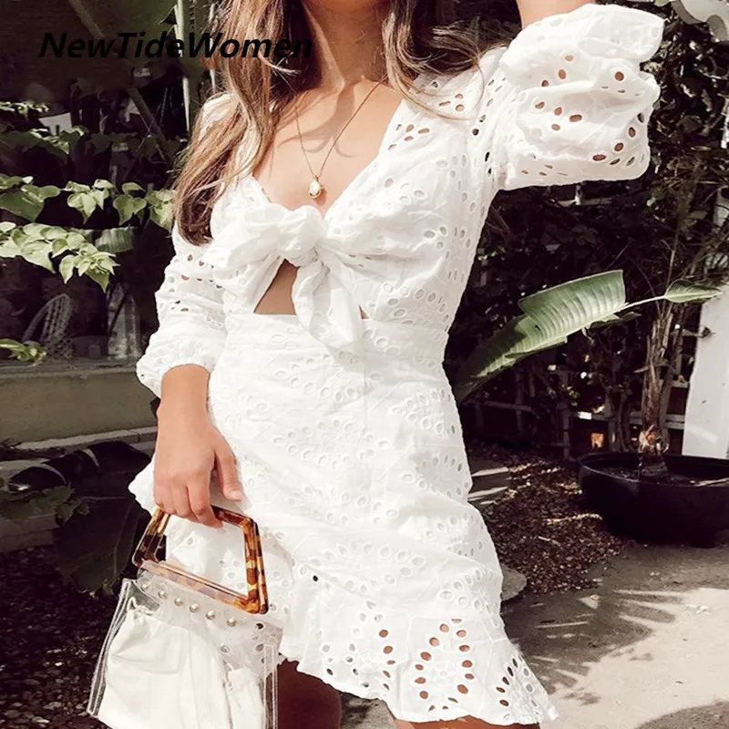 

Новое Белое ажурное Сетчатое хлопковое приталенное Сексуальное Женское Платье с вышивкой