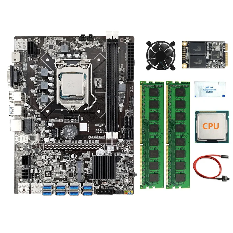 

Материнская плата AU42 -B75 8USB для майнинга BTC + ЦП + 2x4G DDR3 ОЗУ + 128G SSD + вентилятор процессора + кабель переключателя + термопаста LGA1155 слот DDR3 MSATA
