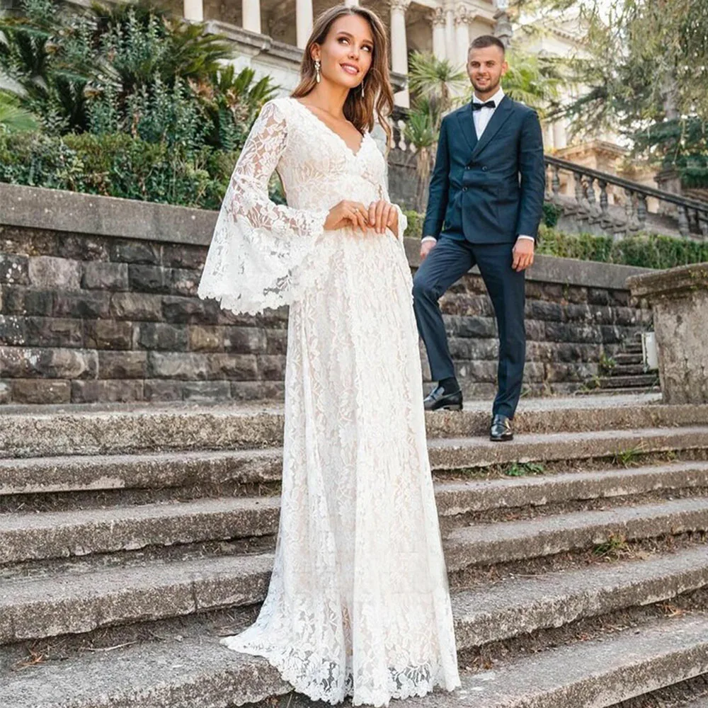 

Scalloped Plunge V Neck Floral Lace Wedding Dress Customize Long Bell Sleeves Tassled Ties Back Bohemian Cutout Bridal Gowns