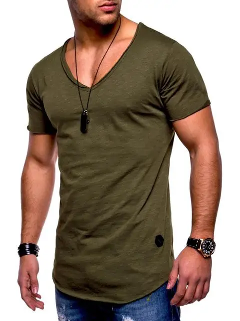 

Men's T-shirt popular large men's V-neck elastic solid color short sleeved youth base shirt factory straight tank top