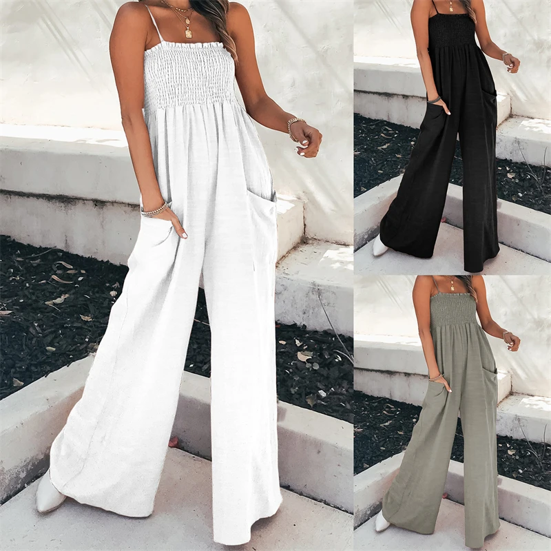 

Women Strap Casual Jumpsuit Summer Loose Wide Leg Pants Solid Sexy Overalls Sleeveless Pocket Jumpsuits Women Resort Wears