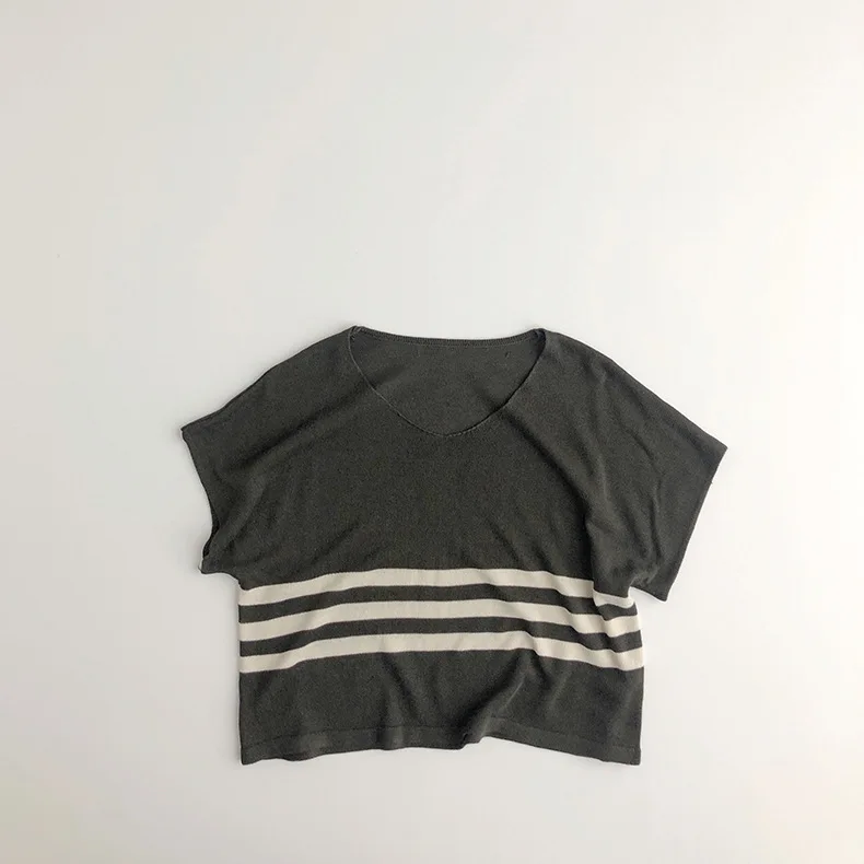 2022 New Summer Children Short Sleeve T Shirt Kids Knit T Shirts Baby Cotton Tee Tops Boys And Girls Striped T Shirt Infant Vest