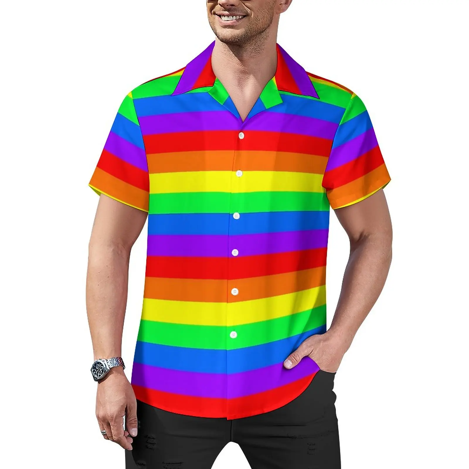 

Rainbow Striped Blouses Horizontal Stripes Casual Shirts Hawaii Short Sleeves Print Trending Oversized Vacation Shirt Gift Idea