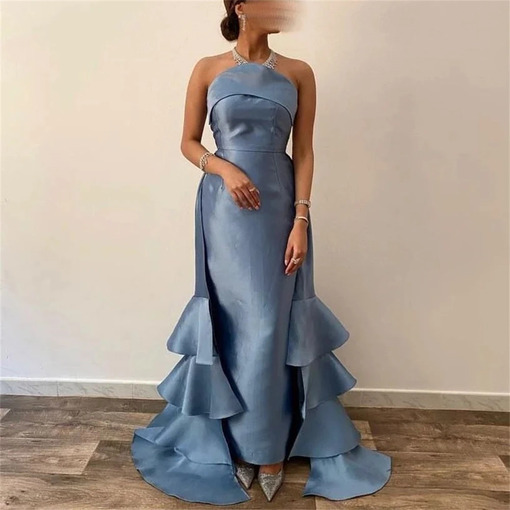 

Simple Mermiad Strapless Satin Prom Dress Women Ruffles Floor-length Evening Party Gown Formal Occasion Dresses فساتين السهرة