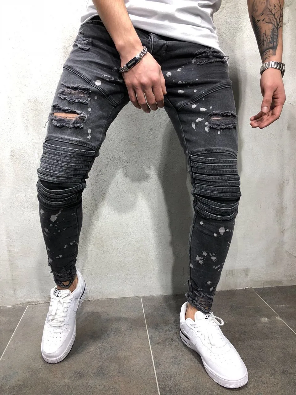 Men's Hole Fashion Jeans Slim Hip-hop Zipper Jeans Men's Fashion Knee Hole Zipper Small Foot Hole Pop Men's Motorcycle Pants
