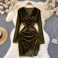 vintage velvet bodycon dress 2022 spring new v neck long sleeve high waist party sheath vestidos female new fashion mini jurk