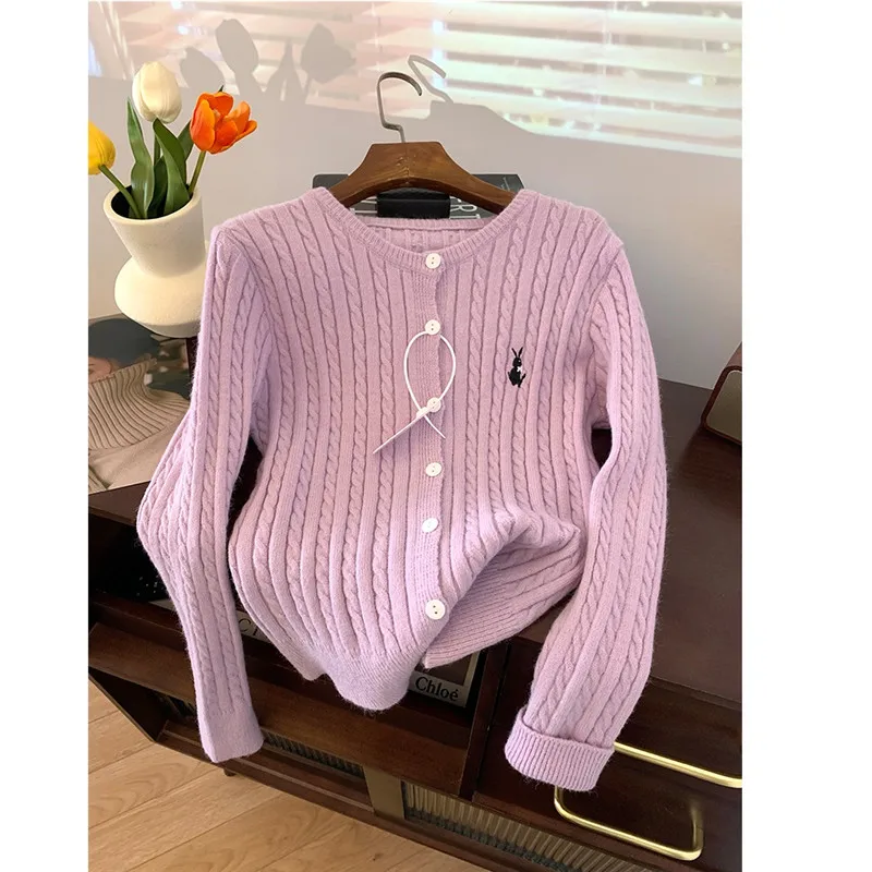 

Limiguyue свитер с вышивкой кролика женский Фиолетовый шерстяной кашемировый вязаный кардиган весна осень вязаное пальто французский джемпер E223