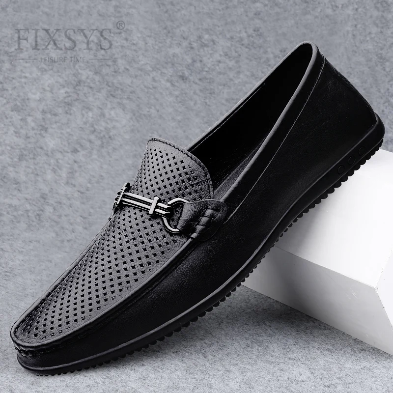 

FIXSYS summer man casual shoes italian leather mens loafers outdoor flat moccasins breathable driving shoes black office shoes