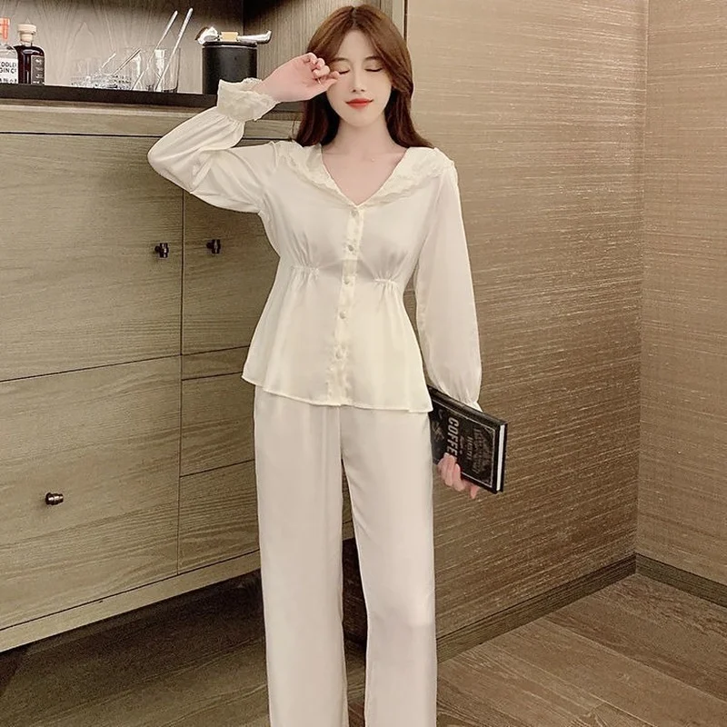 QWEEK Womens Pajamas Two Piece Sets Satin Silk Sleepwear Summer Autumn Solid Color Lapel Long Sleeved Trousers Pijamas Pyjamas