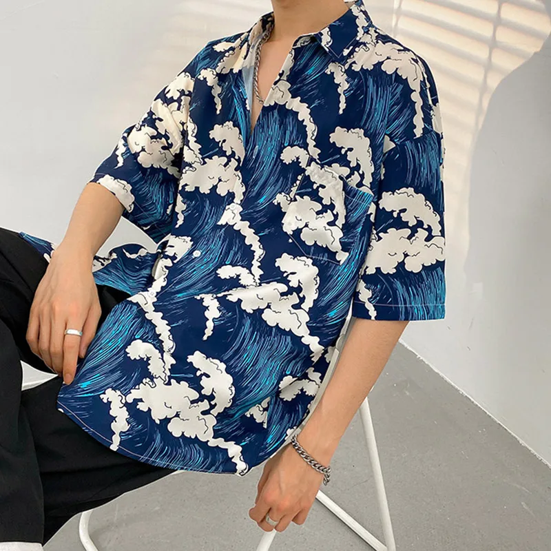 Summer Shirts Men Fashion Cardigan Printed Tops Japanese Vintage Short Sleeve Beach Blouse Oversized Male Y2K Clothes Streetwear