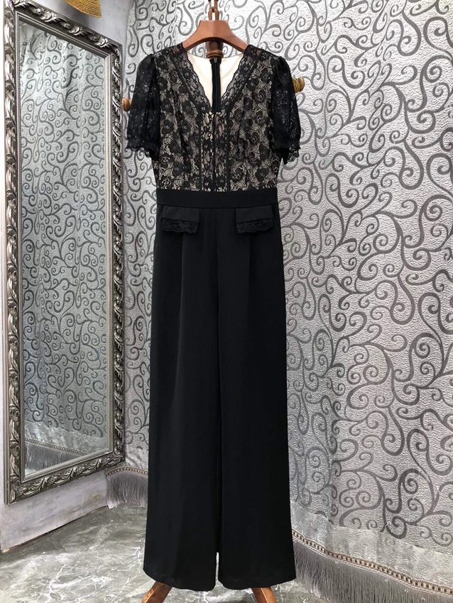 

Женский Длинный комбинезон с кружевом, черный повседневный комбинезон с V-образным вырезом и коротким рукавом в стиле пэчворк, весна-лето 2023