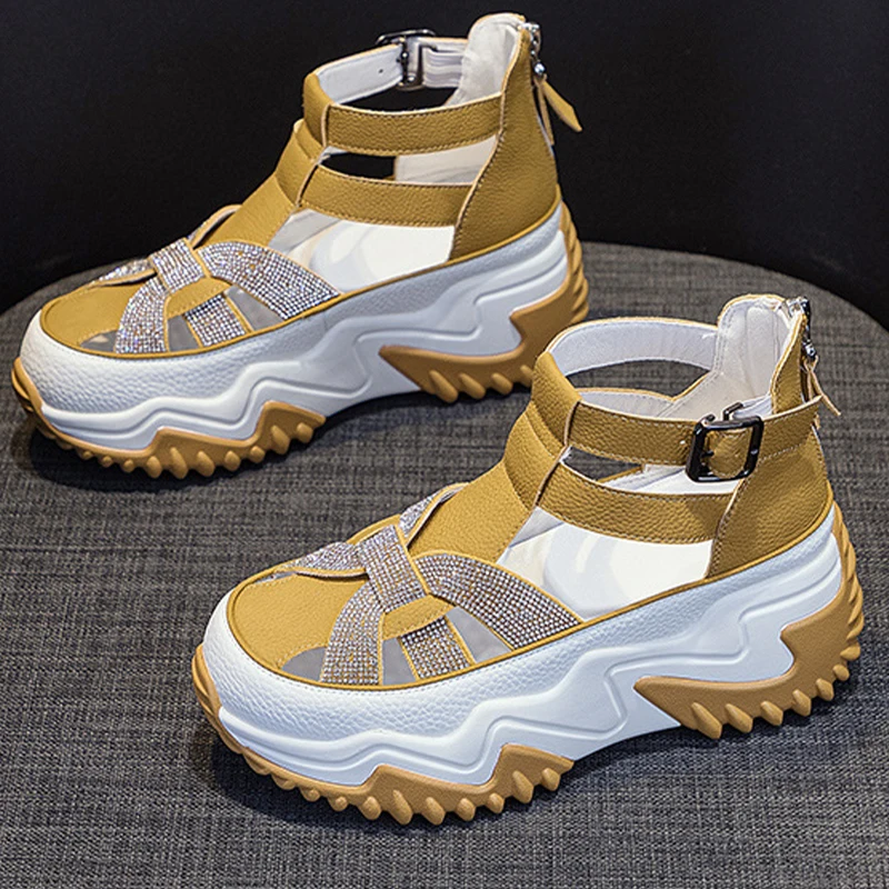 Hollow Chunky Rhinestones Fashion 6.5cm Genuine Leather Women Vulcanize Sandles New Female Summer Comfy Lace Fashion Ladies Shoe