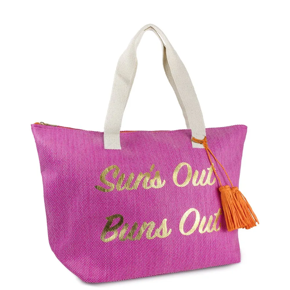 Women`s Suns Out Buns Out Insulated Straw Beach tote Bag with Metallic Writing  Tassel and Flat Handles