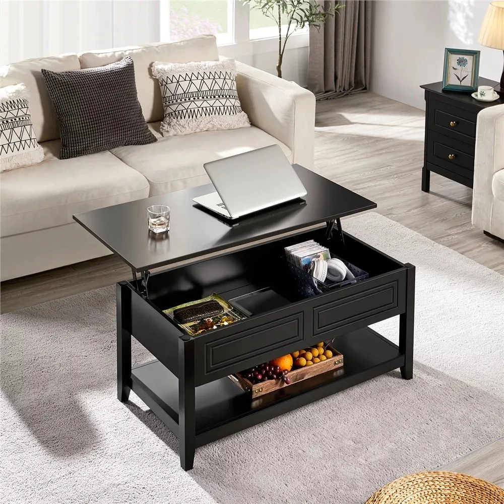 

Black Coffee Table Wooden Lift Top Coffee Table With Hidden Storage and Bottom Shelf Furniture Side Living Room Home