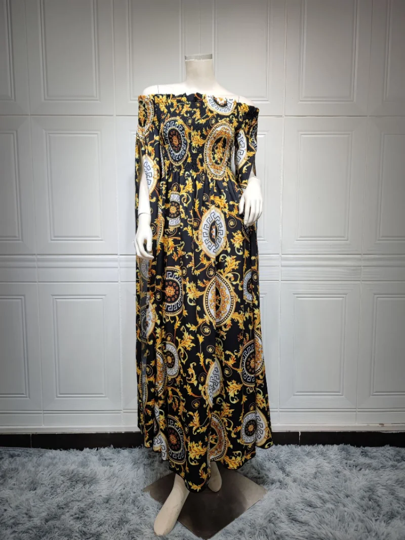Turkey Muslim Party Dress Gold Print Abaya Dresses Women 2023 Eid High Street Luruxy Evening Dress with Cloak Robes Vestidos